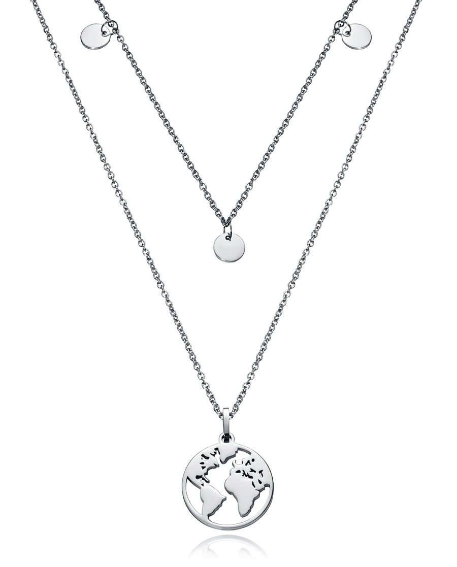 Collar Doble De Acero Colgante Mundo Sra Fn