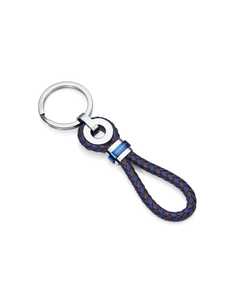 Porte-clés en acier IP bleu et cuir marron et Az Sr Fashio