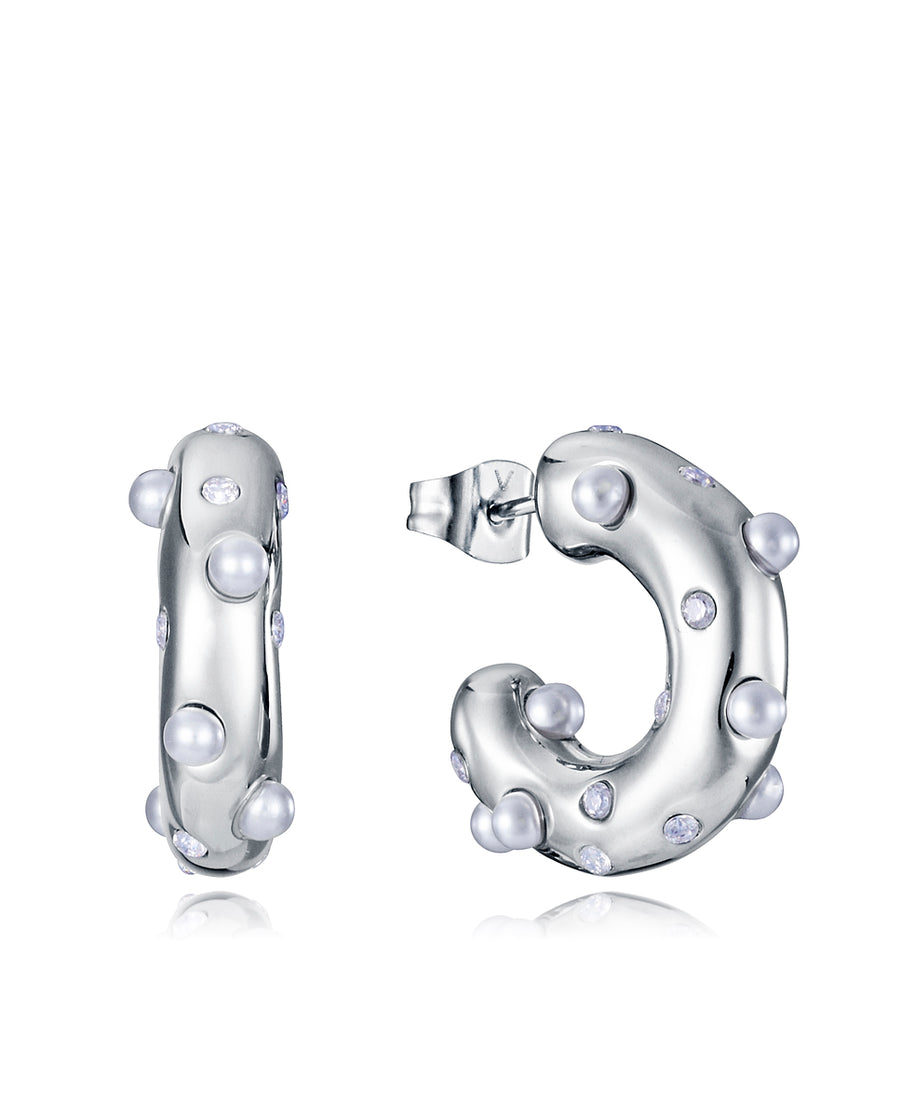 Steel Earrings With White Cz And Synthetic Pearl