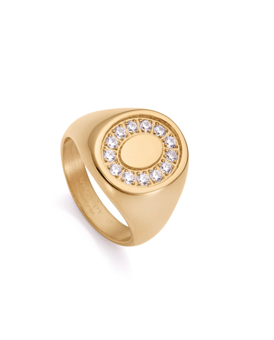 Anillo Acero Ip Dorado Sello Oval Cz Sra Fn