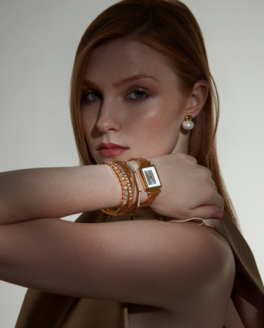 Rigid Steel Ip Gold Bracelet With White Crystal: