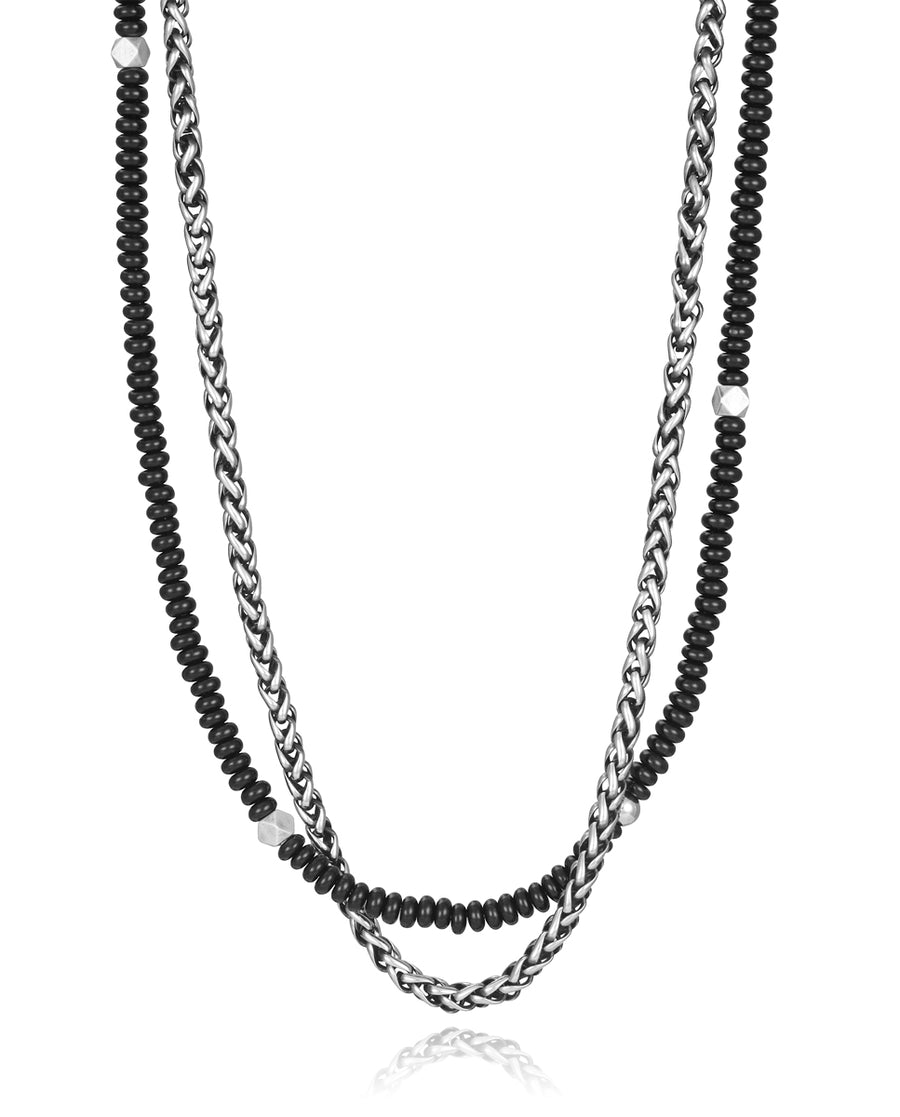 Double Necklace In Steel With Ip And Natural Blac
