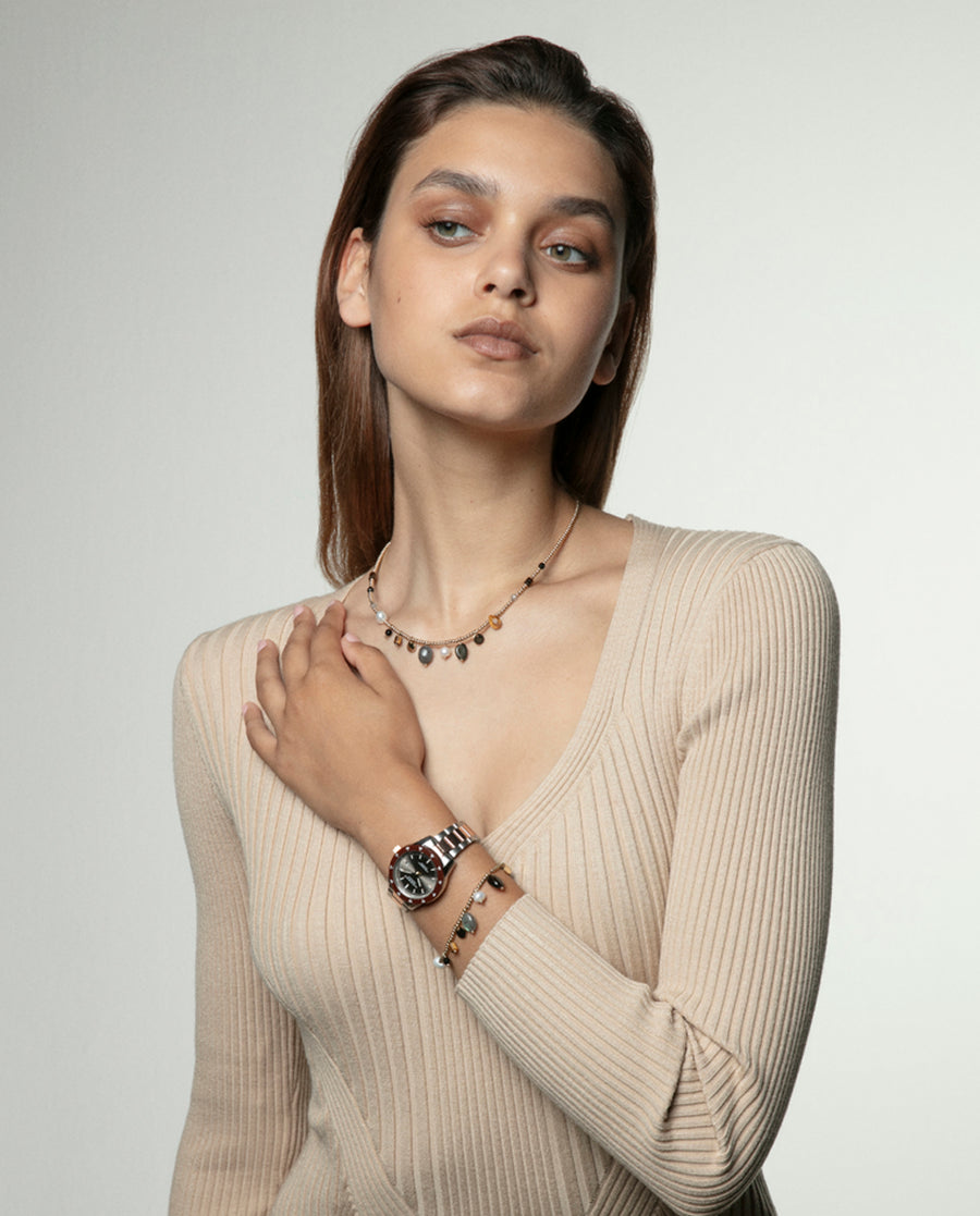 Steel Ip Gold Necklace With Natural Stones: Lengt