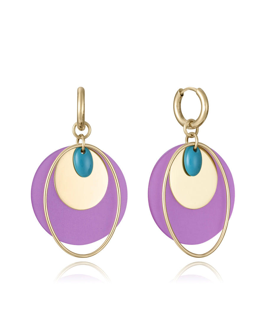 Steel Earrings Hoop And Purple Acrylic Circle And