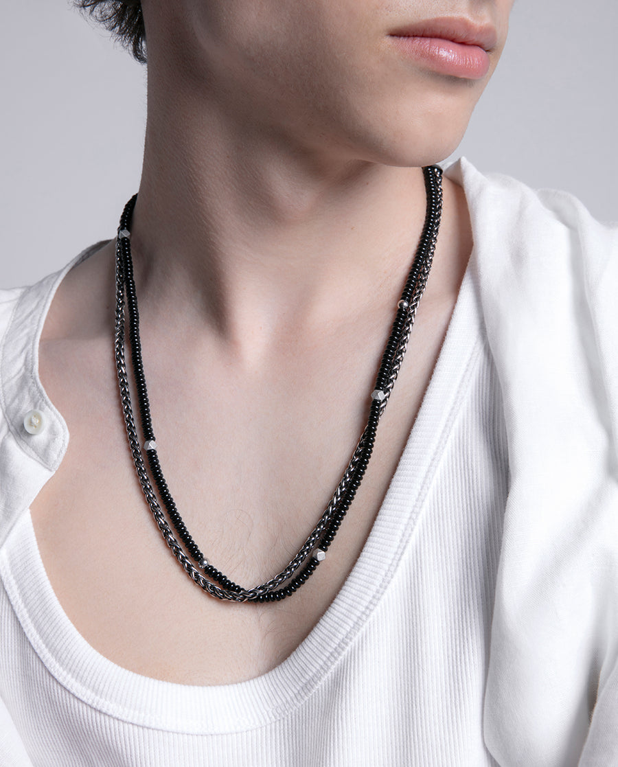 Double Necklace In Steel With Ip And Natural Blac
