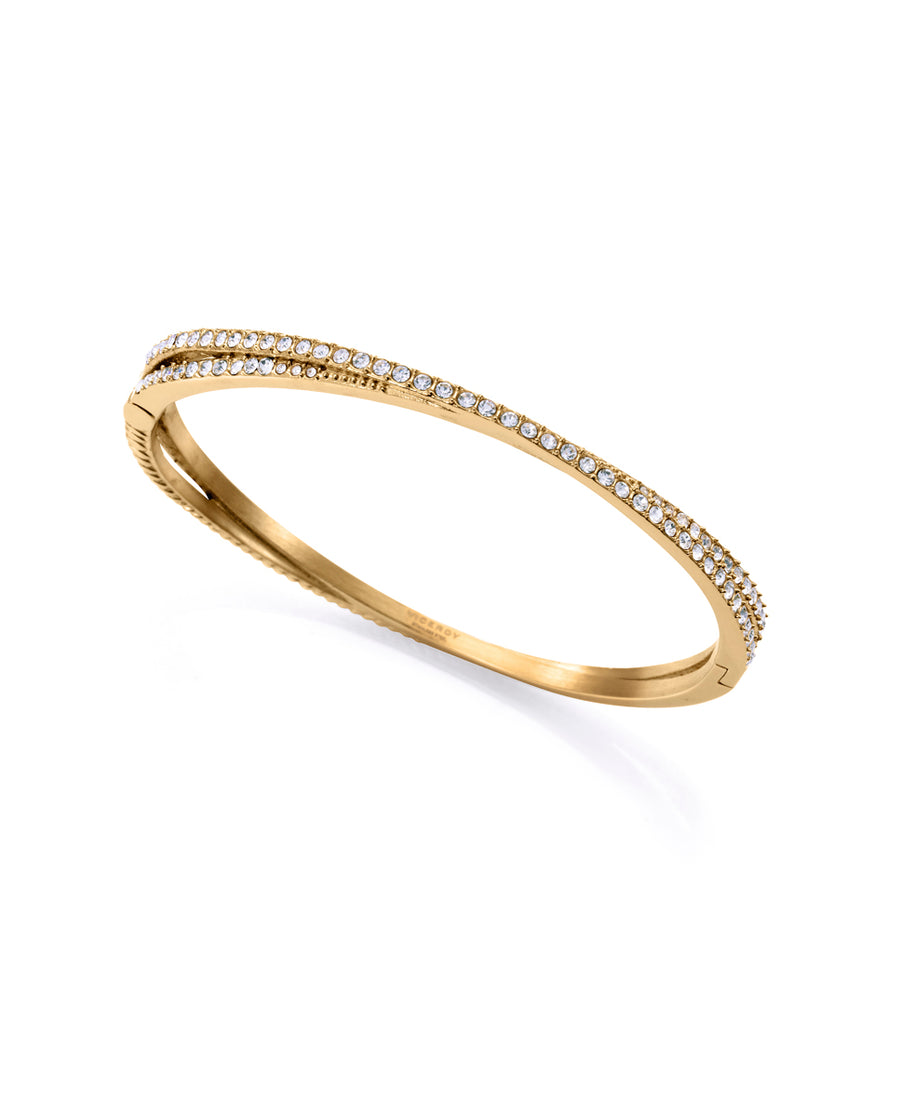 Rigid Steel Ip Gold Bracelet With White Crystal: