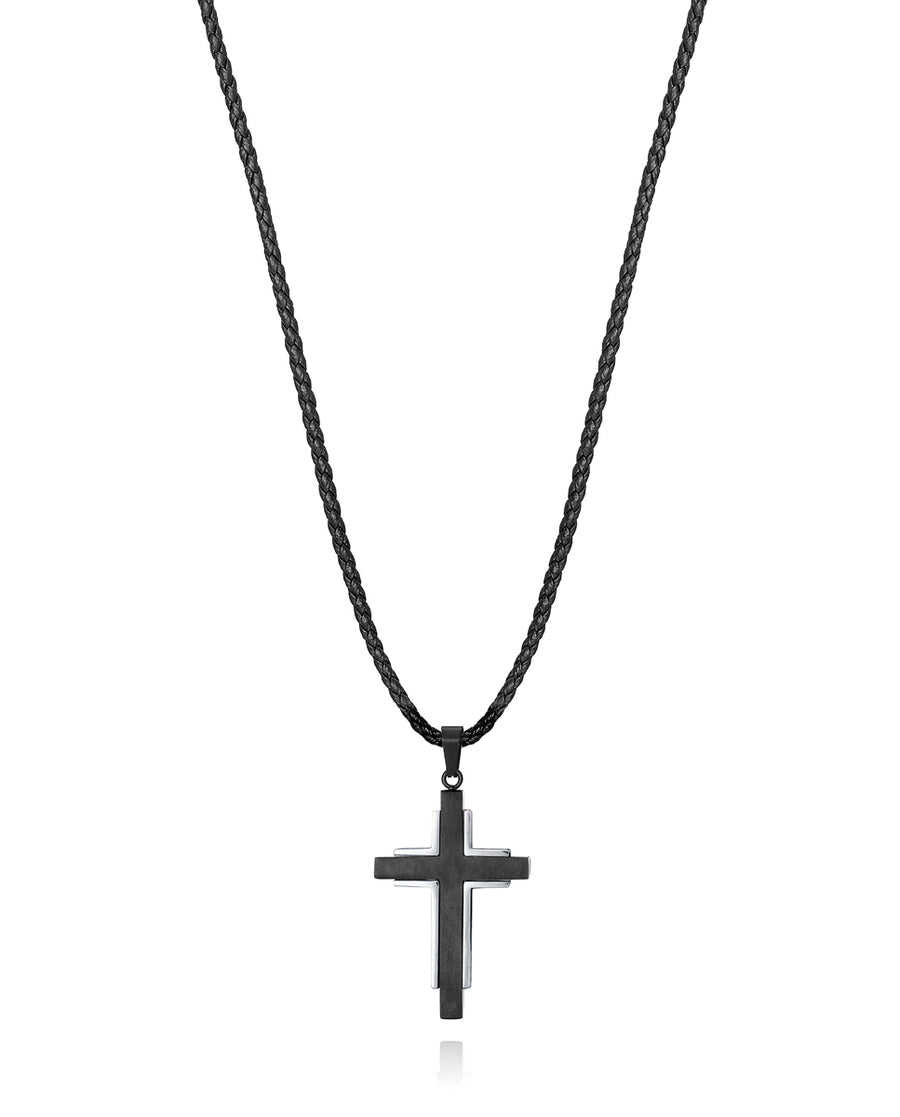 Collar Cuero Negro Cruz Acero Ip Negro Sr Fn