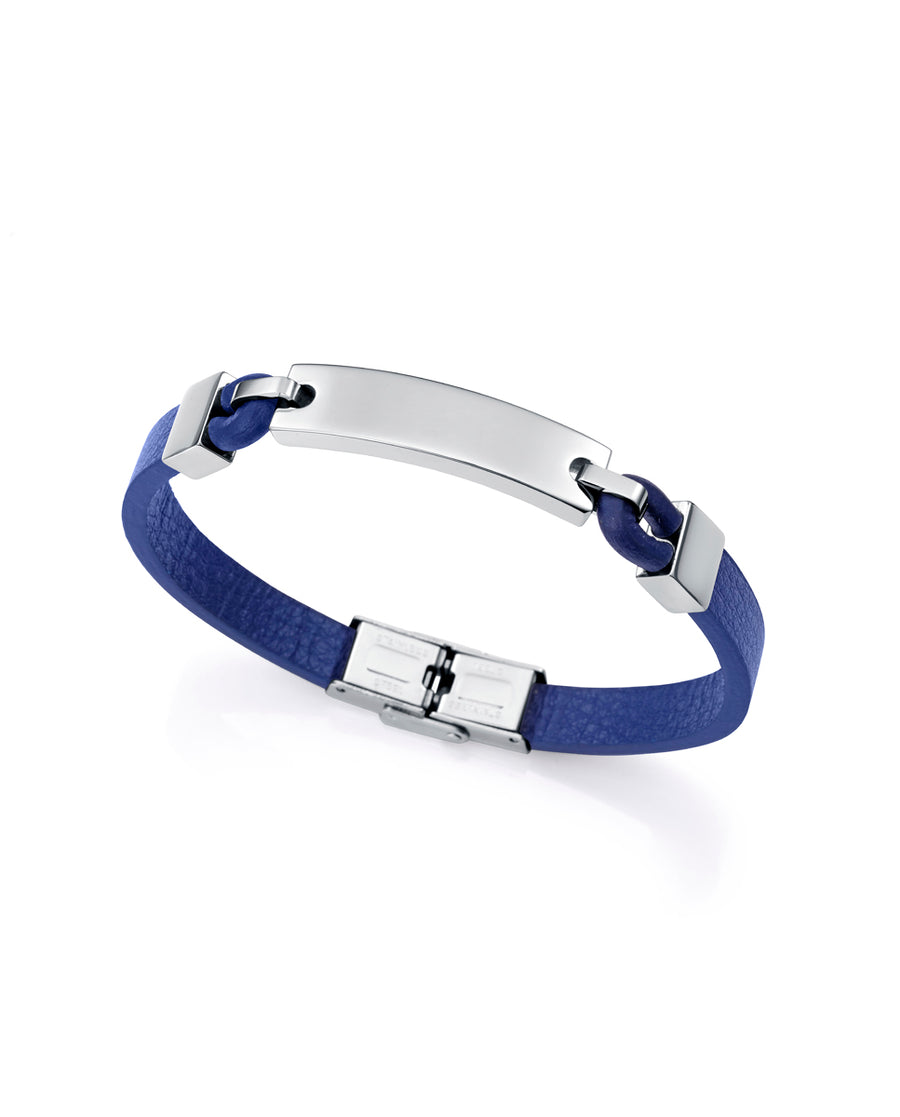 Steel Bracelet With Plaque Blue Leather: Length 2