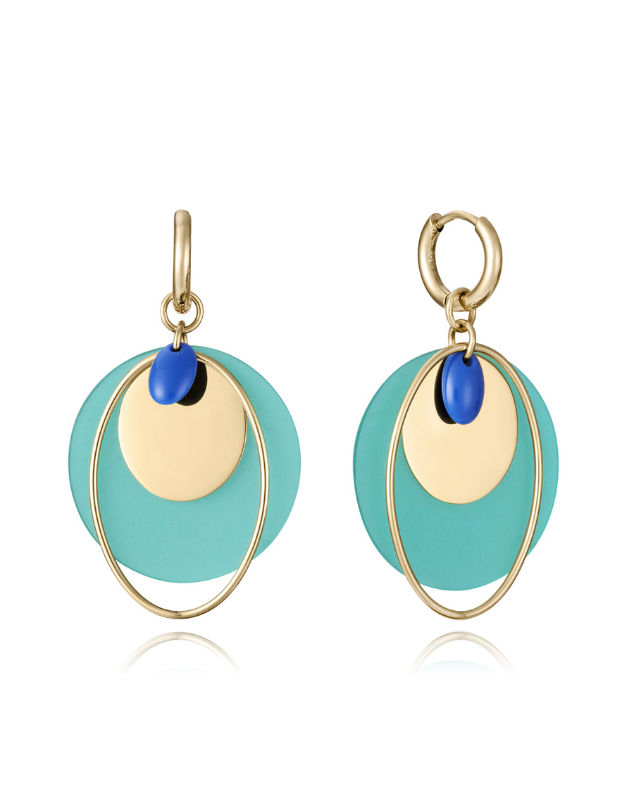 Steel Earrings Hoop And Green Acrylic Circle, Blu
