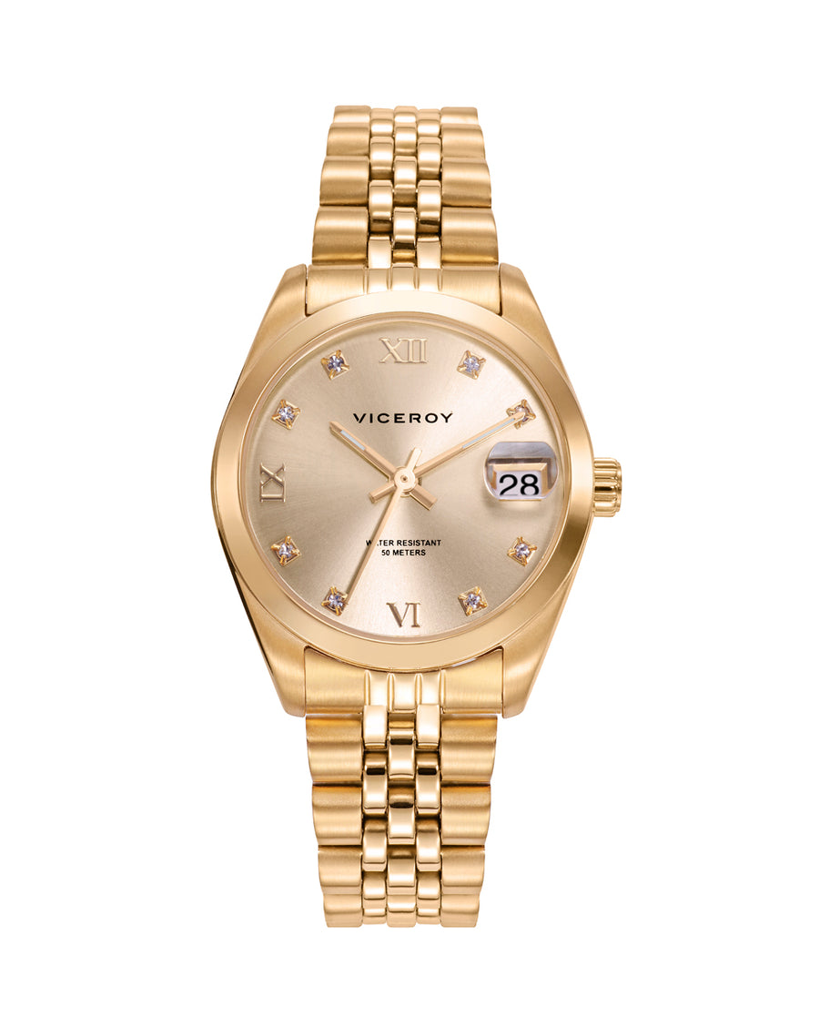 Reloj Acero Ip Dorado Brazalete Sra Va