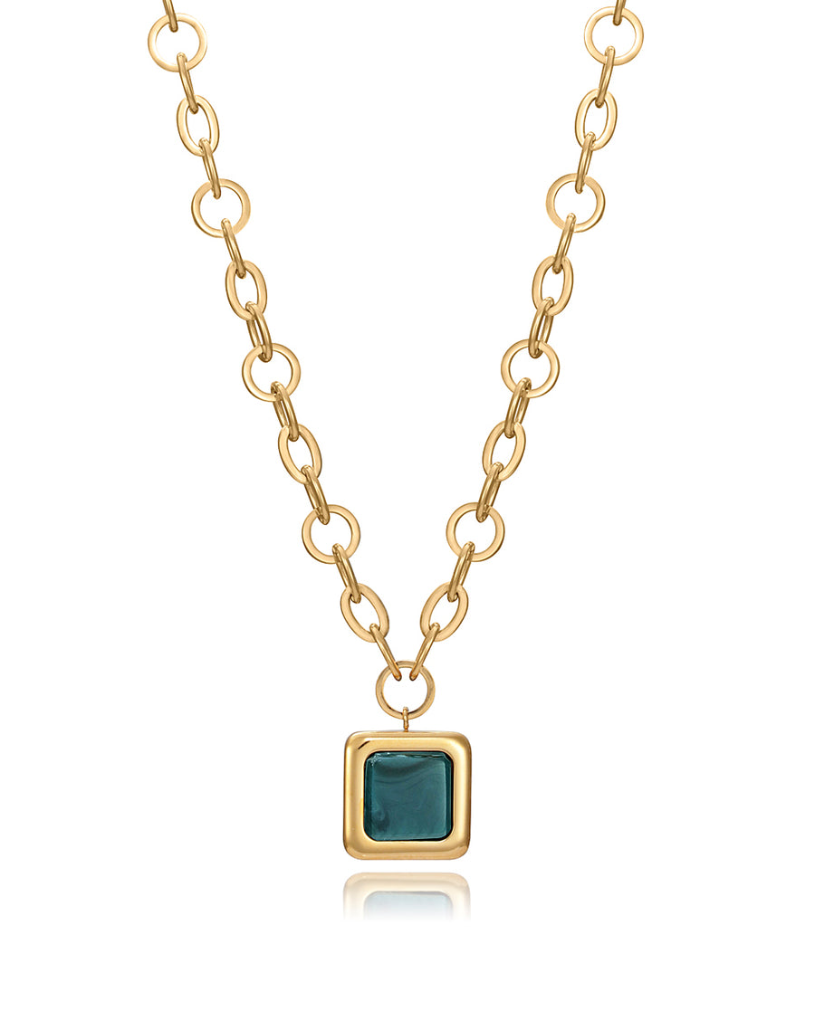 Collar Acero Colgante Cuadrado Verde Sra Fn