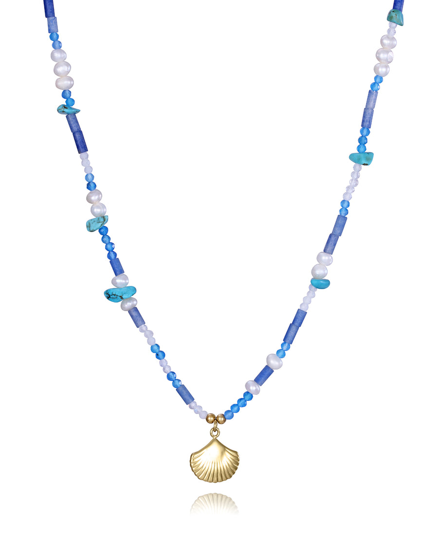Steel Necklace Ip Gold Shell With Natural Stones