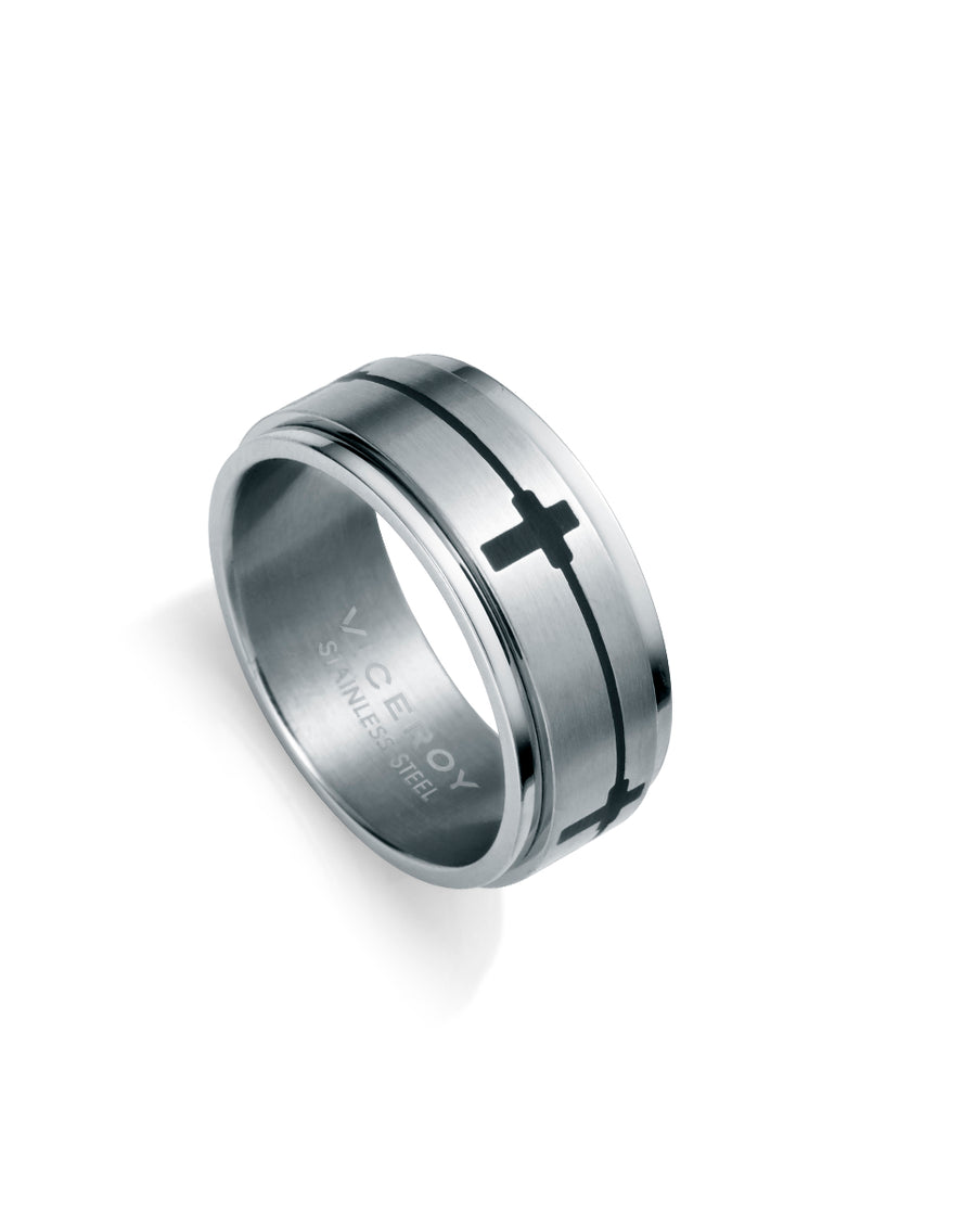 Anillo De Acero Grabado Cruz Negra Sr Fsn