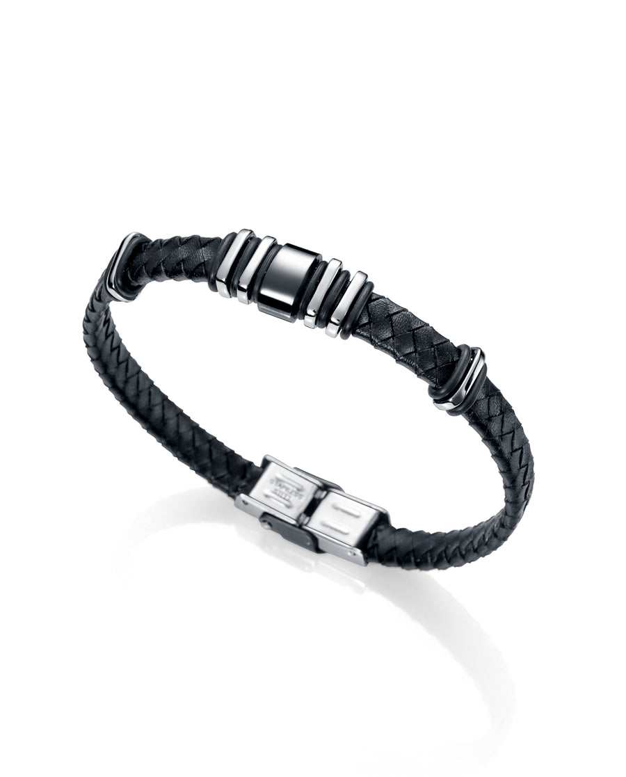 Pulsera Acero Ip Gun Y Piel Negra Cab Fashion