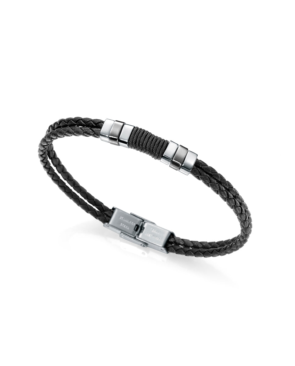 Pulsera de hombre Air de piel doble negra trenzada y acero